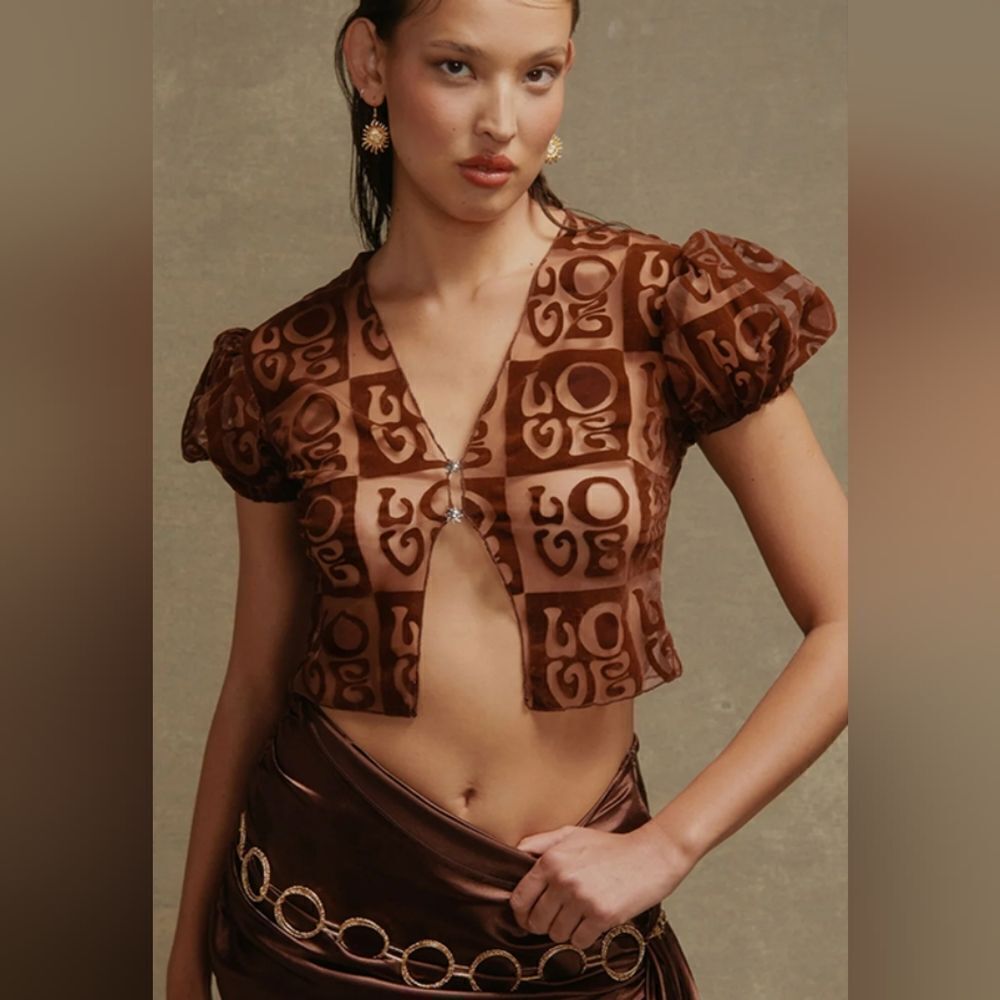 NWT House of Sunny CASA AMOR mocha brown velvet sheer TOP - Picture 6 of 10